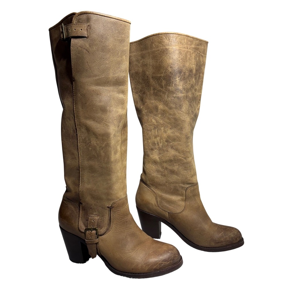 Ariat Tall Riding Boots Womens 8B Brown Distressed Leather Buckle Block Heel